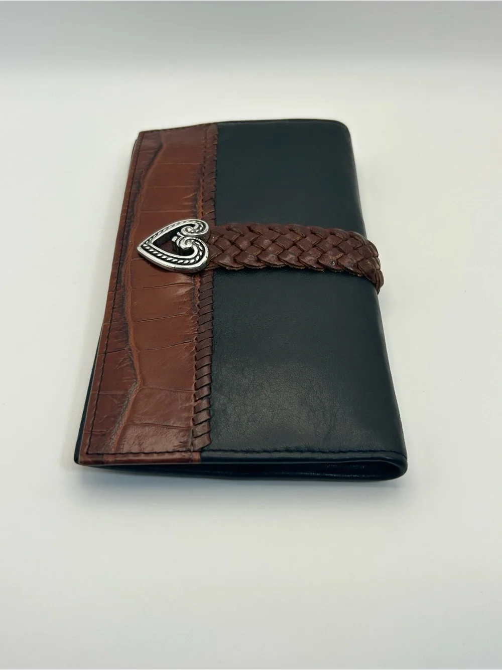 Brighton Two-tone Leather Braided Wallet Black Brown Silver Plated Heart Vintage